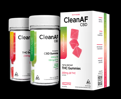 bottles and box of THC gummies by CleanAF
