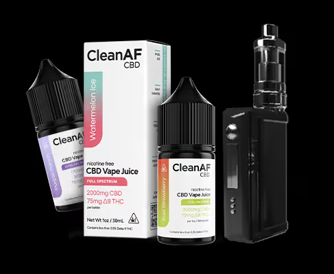 box and bottles of THC vape juice by CleanAF CBD